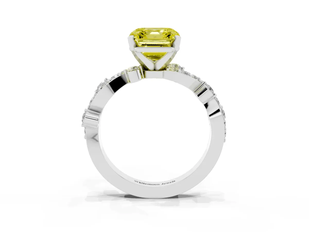 Fancy Yellow Asscher Cut Cut Solitaire Diamond Twisted Band with Pave Setting Silver