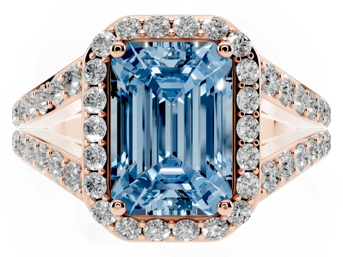 Fancy Blue Emerald Cut Diamond Split Shank Halo Ring with Four-Prong Setting Rose gold