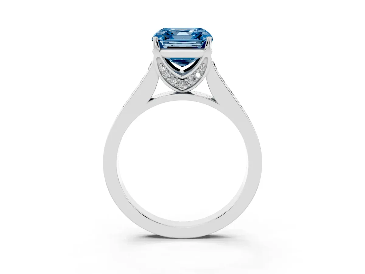Fancy Blue Asscher Cut Brilliant Cut Diamond Engagement Ring with Pavé Band and Four-Prong Setting White gold