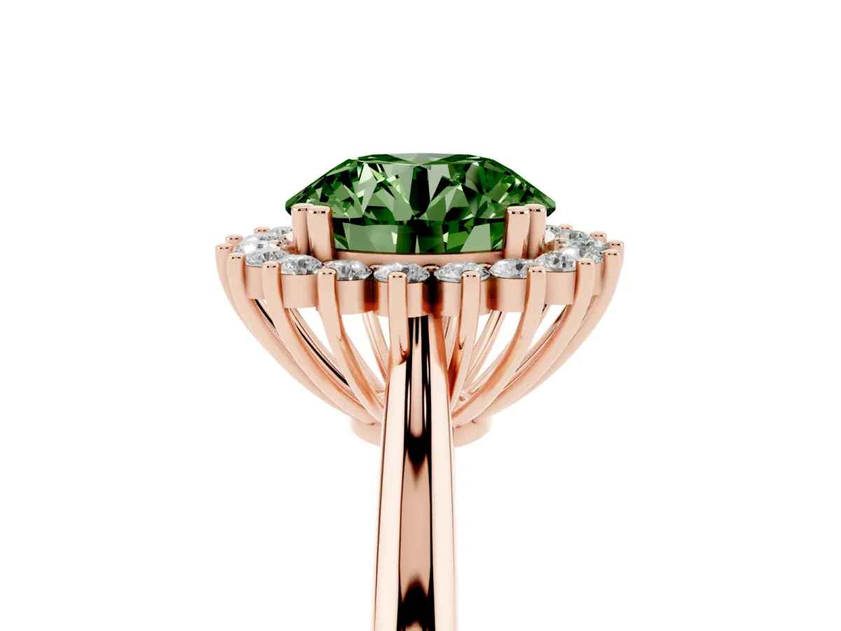 Fancy Green Round Cut Cut Diamond Halo Ring with Solitaire Band and Prong Setting Rose gold