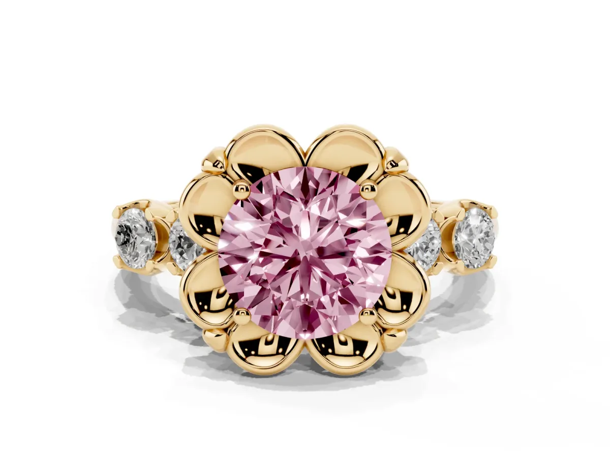 Fancy Pink Round Cut Cut Diamond Floral Halo Engagement Ring with Shared Prong Setting Yellow gold