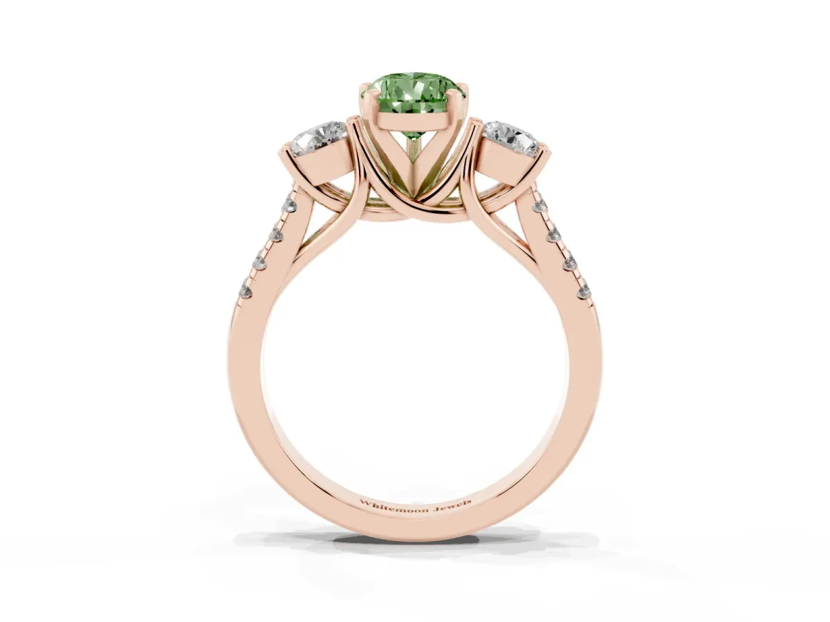 Fancy Green Three-Stone Pear Cut Diamond Pavé Band with Four-Prong Setting Rose gold