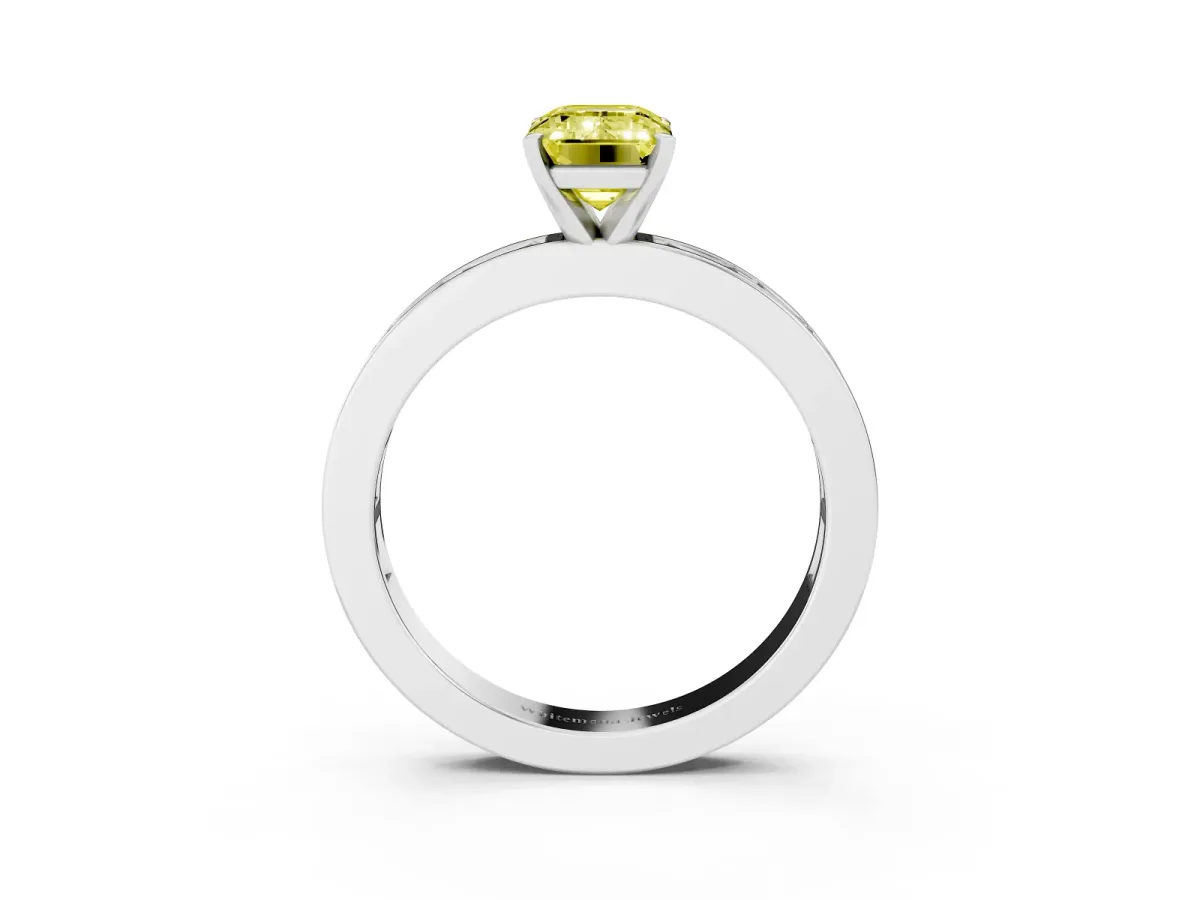 Fancy Yellow Emerald Cut Solitaire Diamond Ring with Channel-Set Baguette Band and Four-Prong Setting White gold