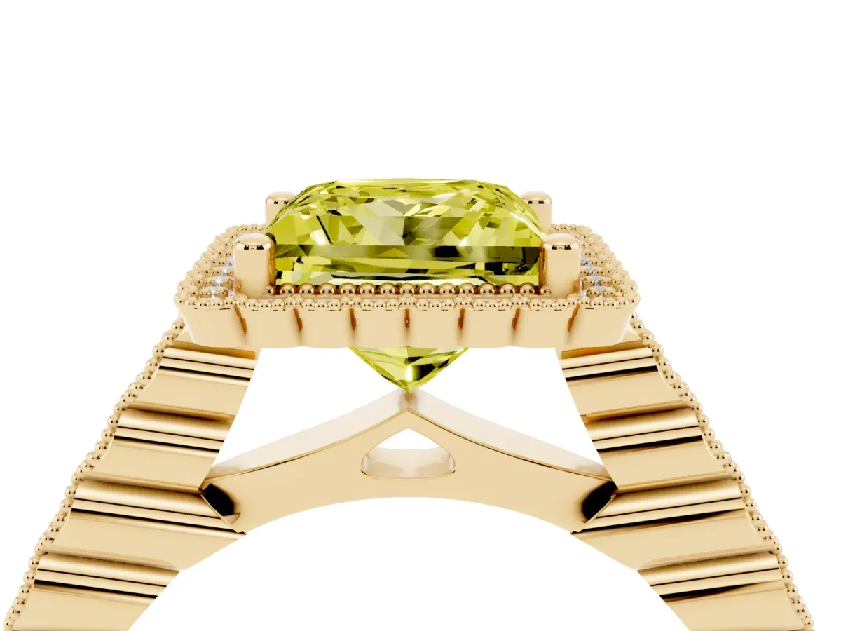 Fancy Yellow Princess Cut Cut Halo Pavé Solitaire Ring with Milgrain Band Yellow gold