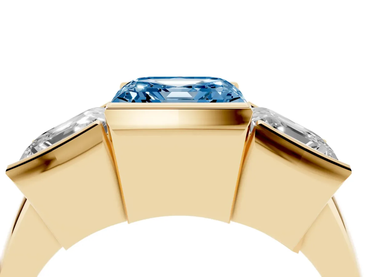 Fancy Blue Three Stone Asscher Cut Cut Channel Set Diamond Ring Yellow gold