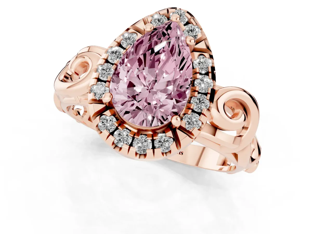 Fancy Pink Pear Cut Cut Halo Diamond Ring with Scrollwork Band and Four-Prong Setting Rose gold