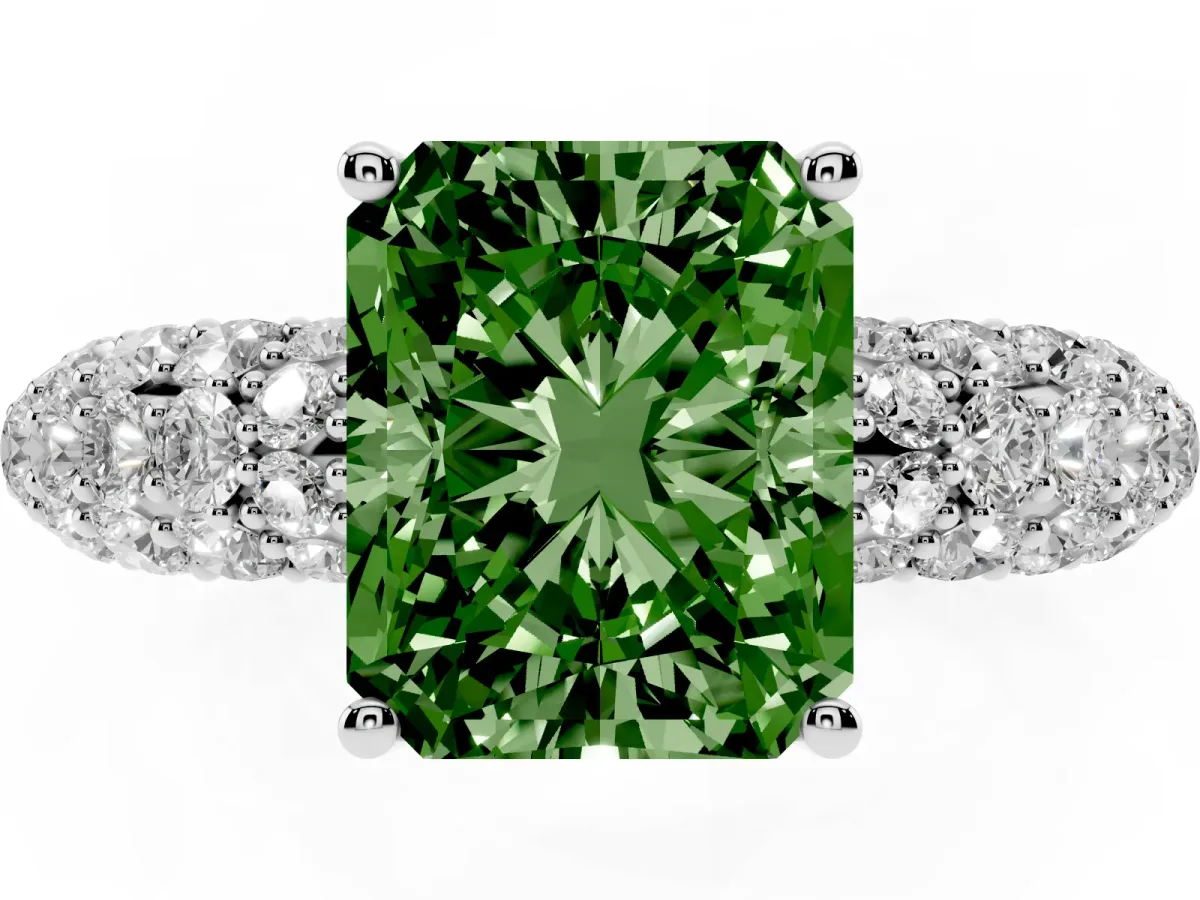 Fancy Green Radiant Cut Diamond Pavé Band Solitaire Ring with Four-Prong Setting Silver