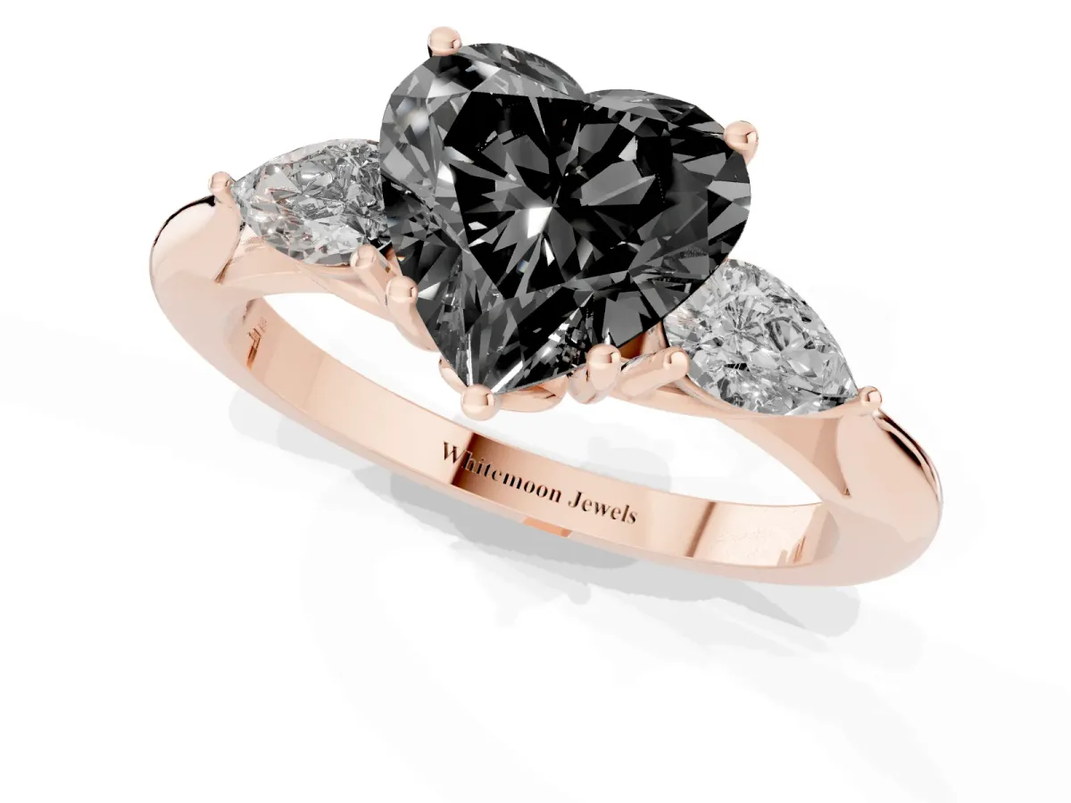 Fancy Black Heart Cut Diamond Three-Stone Ring with Pear Side Stones and Prong Setting Rose gold
