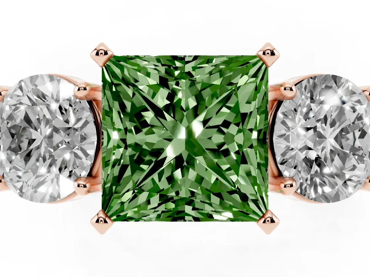 Fancy Green Three-Stone Princess Cut Diamond Ring with Round Side Stones, Classic Band, and Four-Prong Setting Rose gold