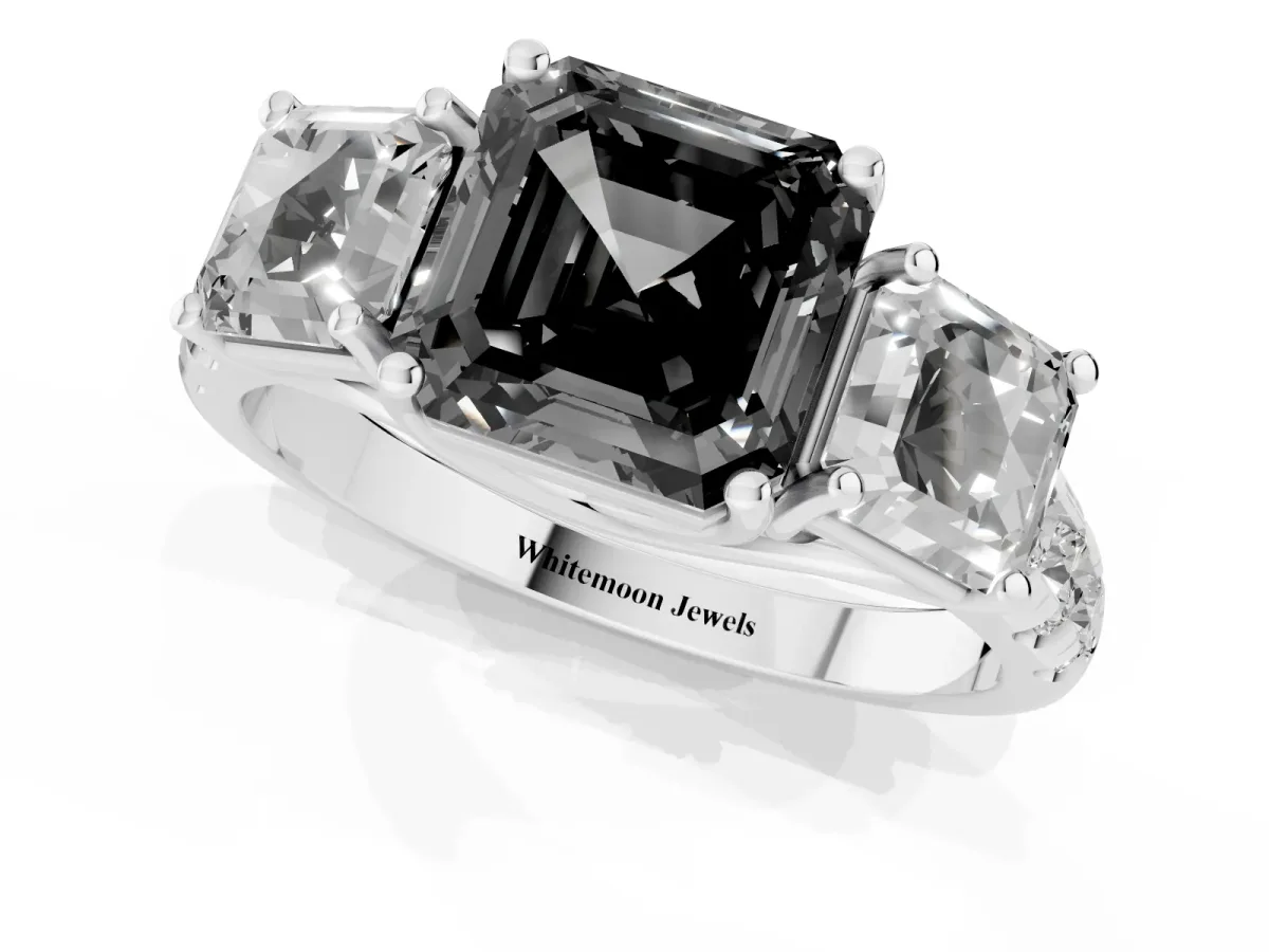 Fancy Black Three-Stone Asscher Cut Diamond Pavé Band with Prong Setting Platinum
