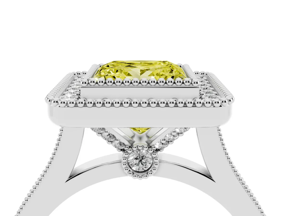 Fancy Yellow Princess Cut Diamond Halo Ring with Milgrain Frame and Pavé Band White gold