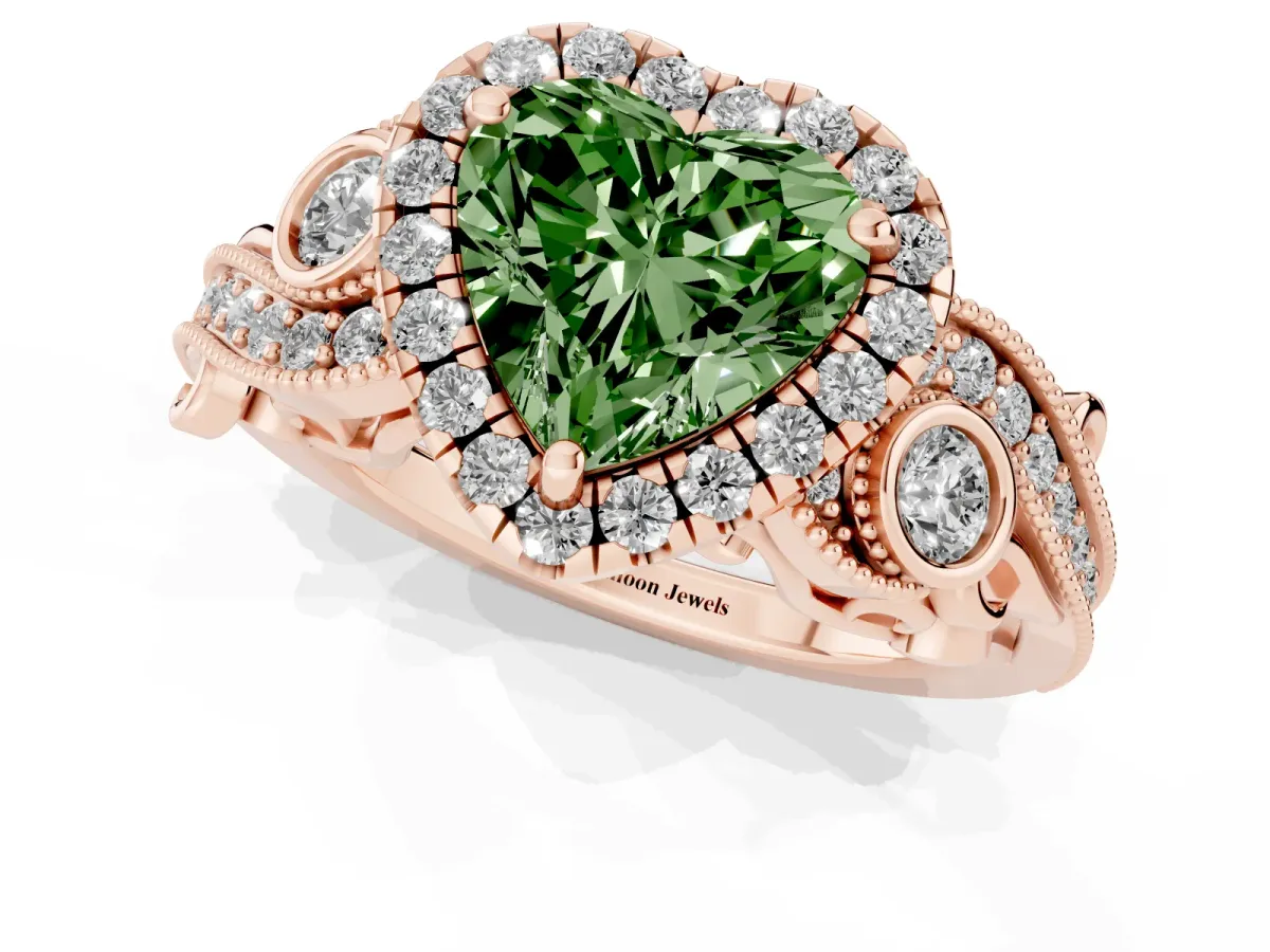 Fancy Green Heart Cut Diamond Halo Ring with Milgrain Pavé Band and Four-Prong Setting Rose gold