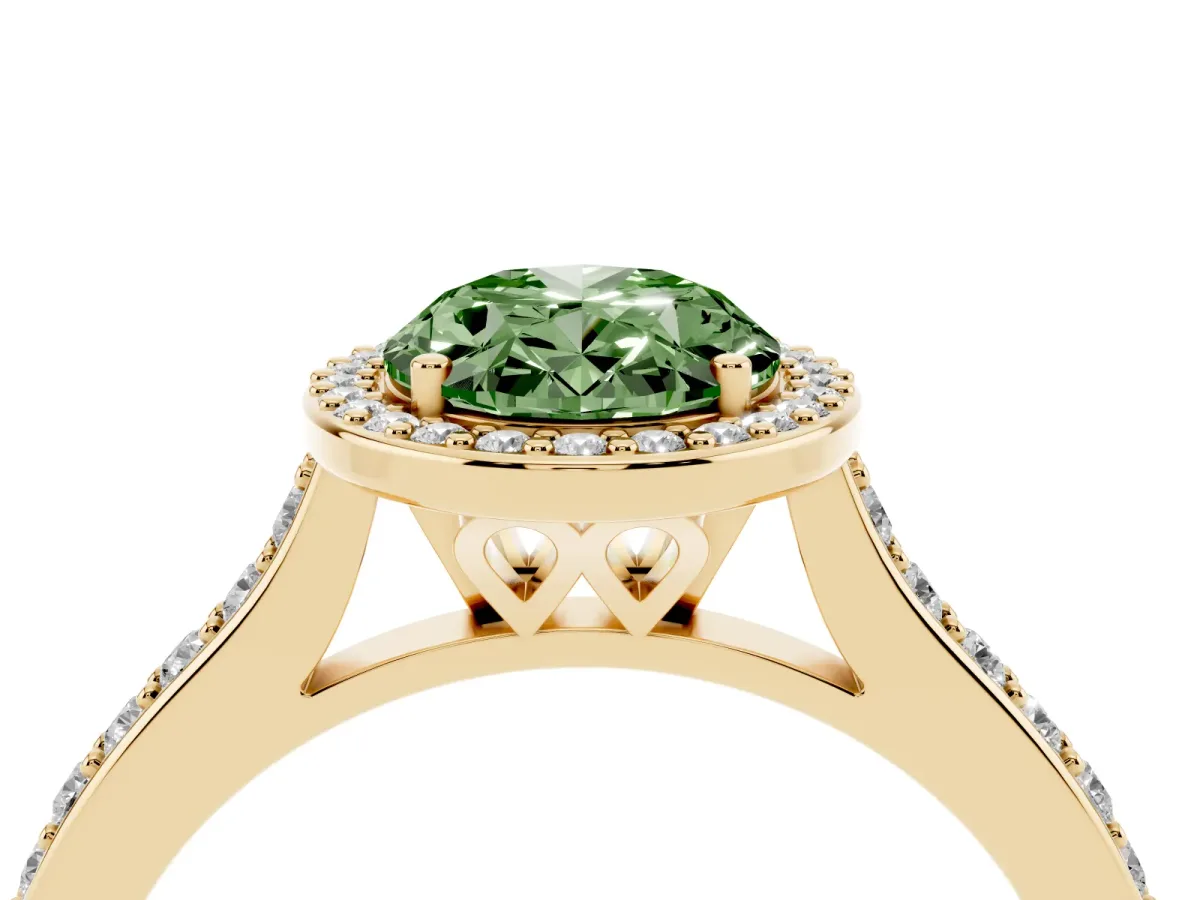 Fancy Green Oval Cut Diamond Halo Engagement Ring with Round Pavé Shoulders and Prong Setting Yellow gold