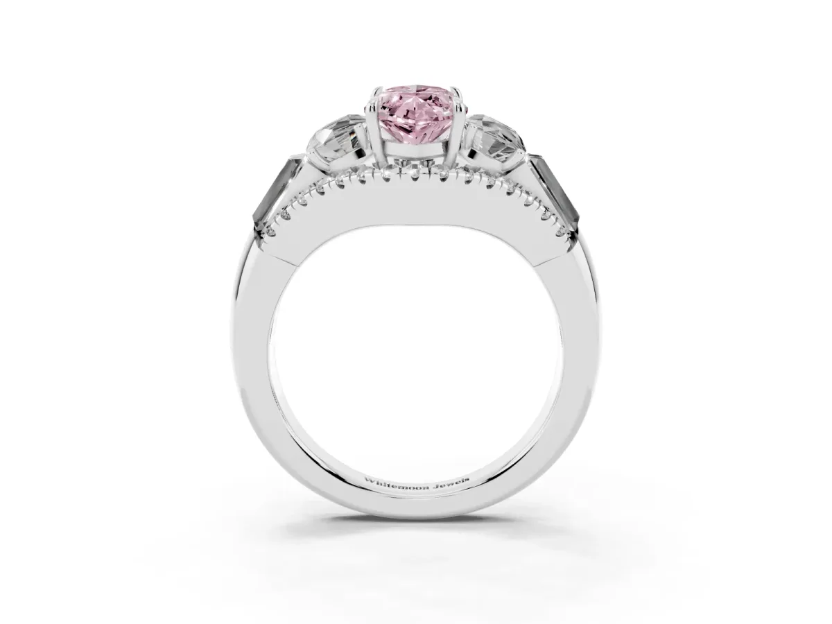 Fancy Pink Three-Stone Marquise Cut Diamond Engagement Ring with Pave Band and Prong Setting Silver