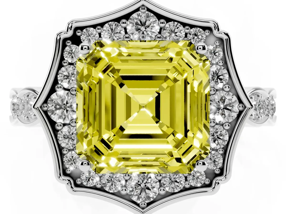 Fancy Yellow Asscher Cut Halo Diamond Engagement Ring with Milgrain Band and Four-Prong Setting White gold