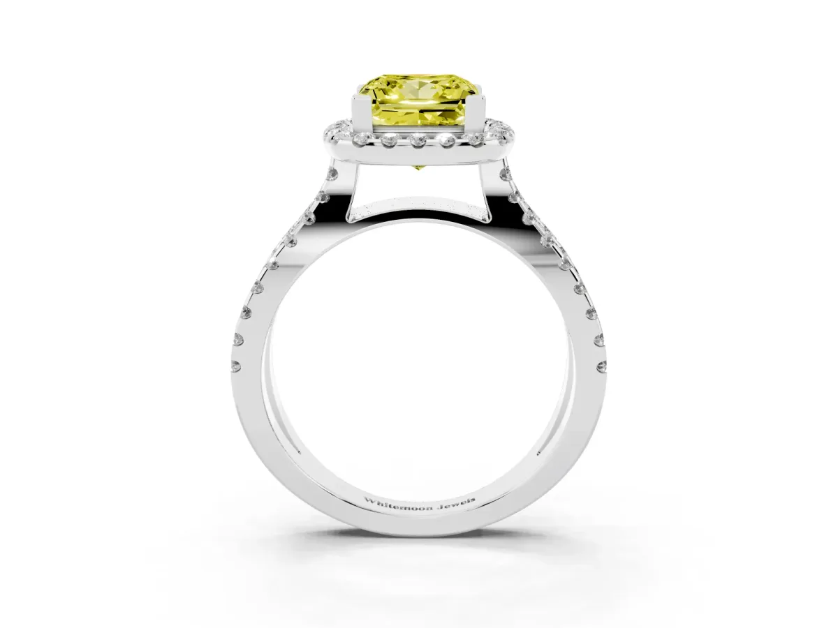 Fancy Yellow Princess Cut Diamond Halo Ring with Split Shank Pavé Band and Prong Setting White gold