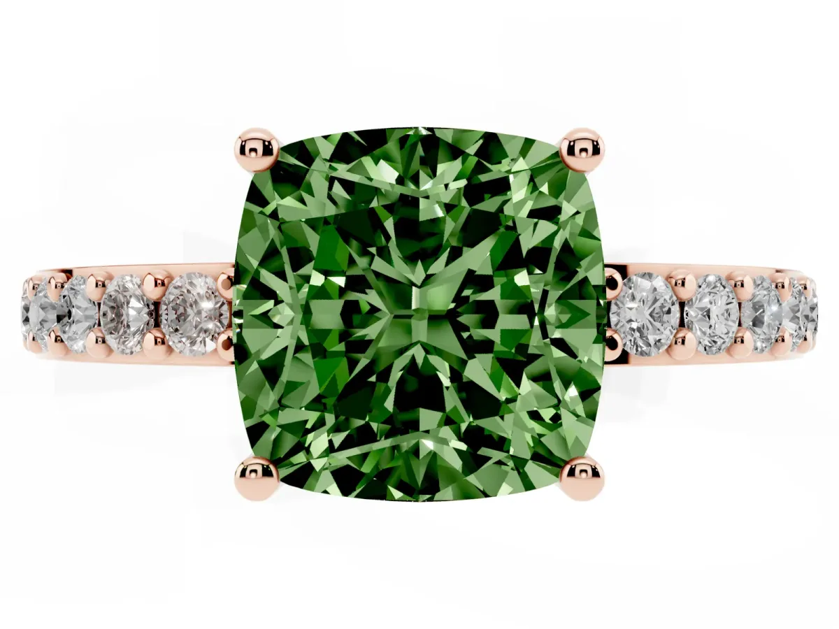 Fancy Green Cushion Cut Cut Diamond Solitaire with Pave Band and Four-Prong Setting Rose gold