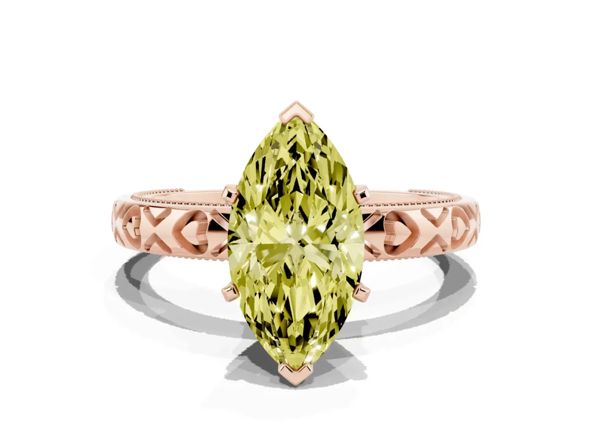 Fancy Yellow Marquise Cut Solitaire Diamond Engagement Ring with XO Engraved Band and Four-Prong Setting Rose gold