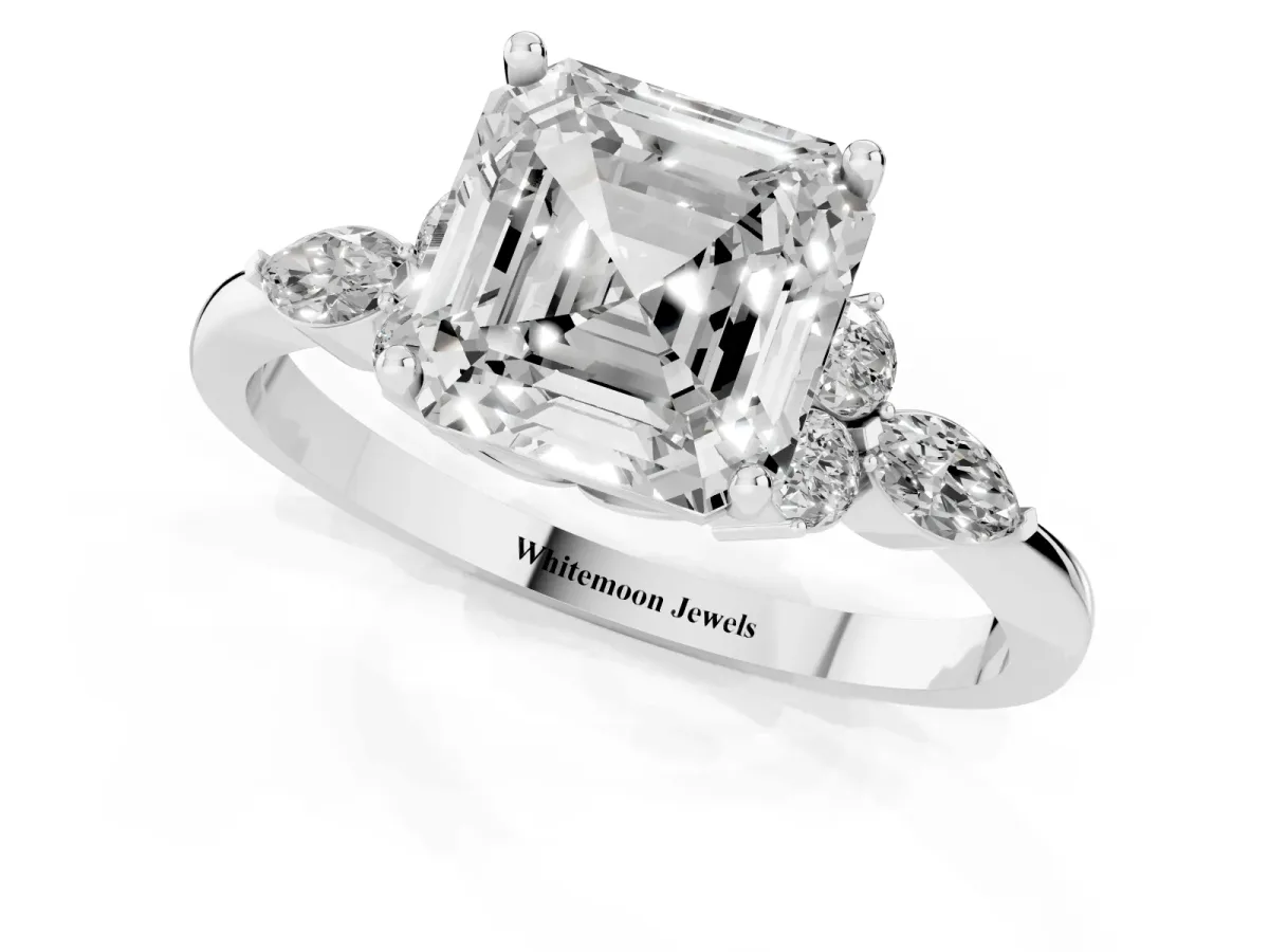 Asscher Cut Brilliant Diamond Solitaire Ring with Pear Side Stones and Four-Prong Setting Silver