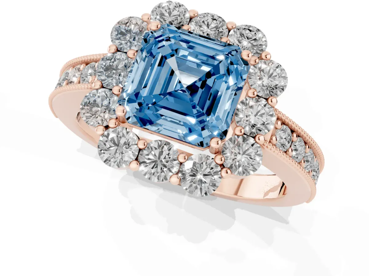 Fancy Blue Asscher Cut Cut Halo Diamond Pavé Engagement Ring with Milgrain Detailing Rose gold