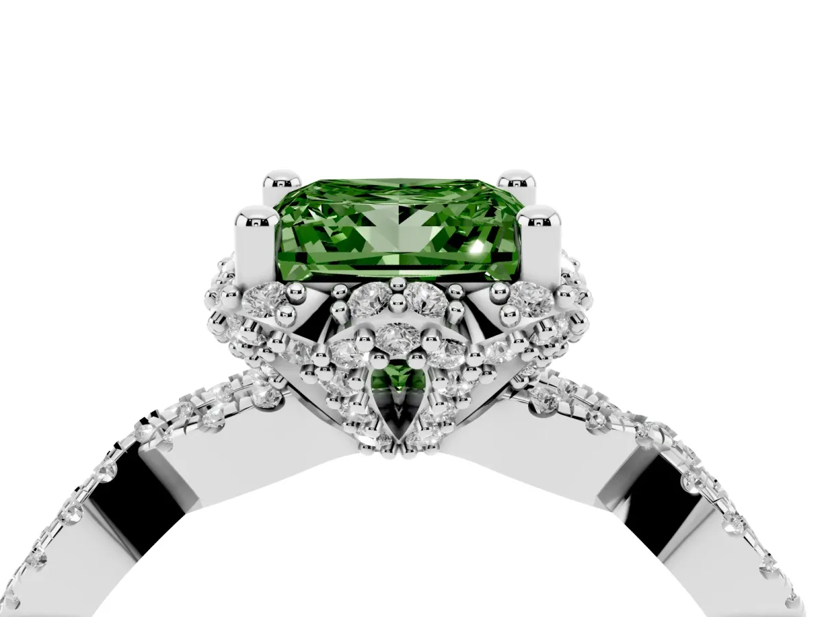Fancy Green Princess Cut Halo Twist Band Solitaire Ring with Six-Prong Setting Silver