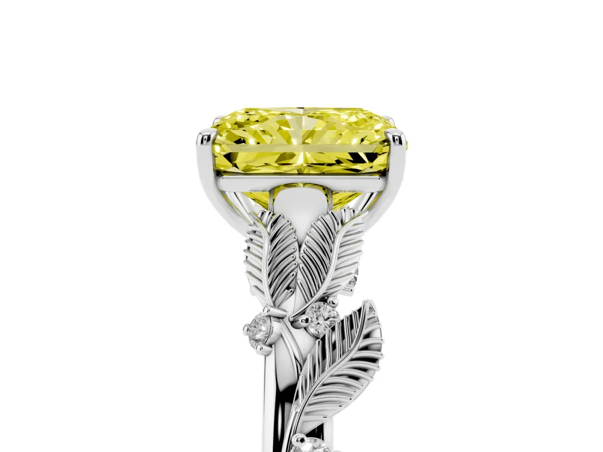 Fancy Yellow Radiant Cut Diamond Solitaire Ring with Leaf Motif Band and Four-Prong Setting Silver