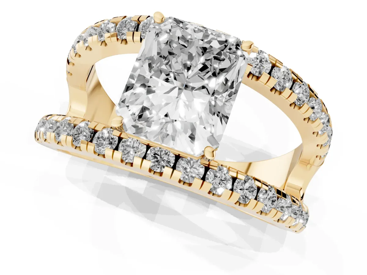 Radiant Cut Solitaire Split Shank Pave Diamond Ring Yellow gold