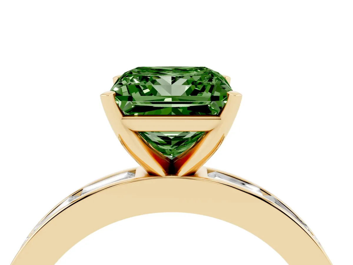 Fancy Green Princess Cut Solitaire Diamond Ring with Channel-Set Baguette Band and Four-Prong Setting Yellow gold