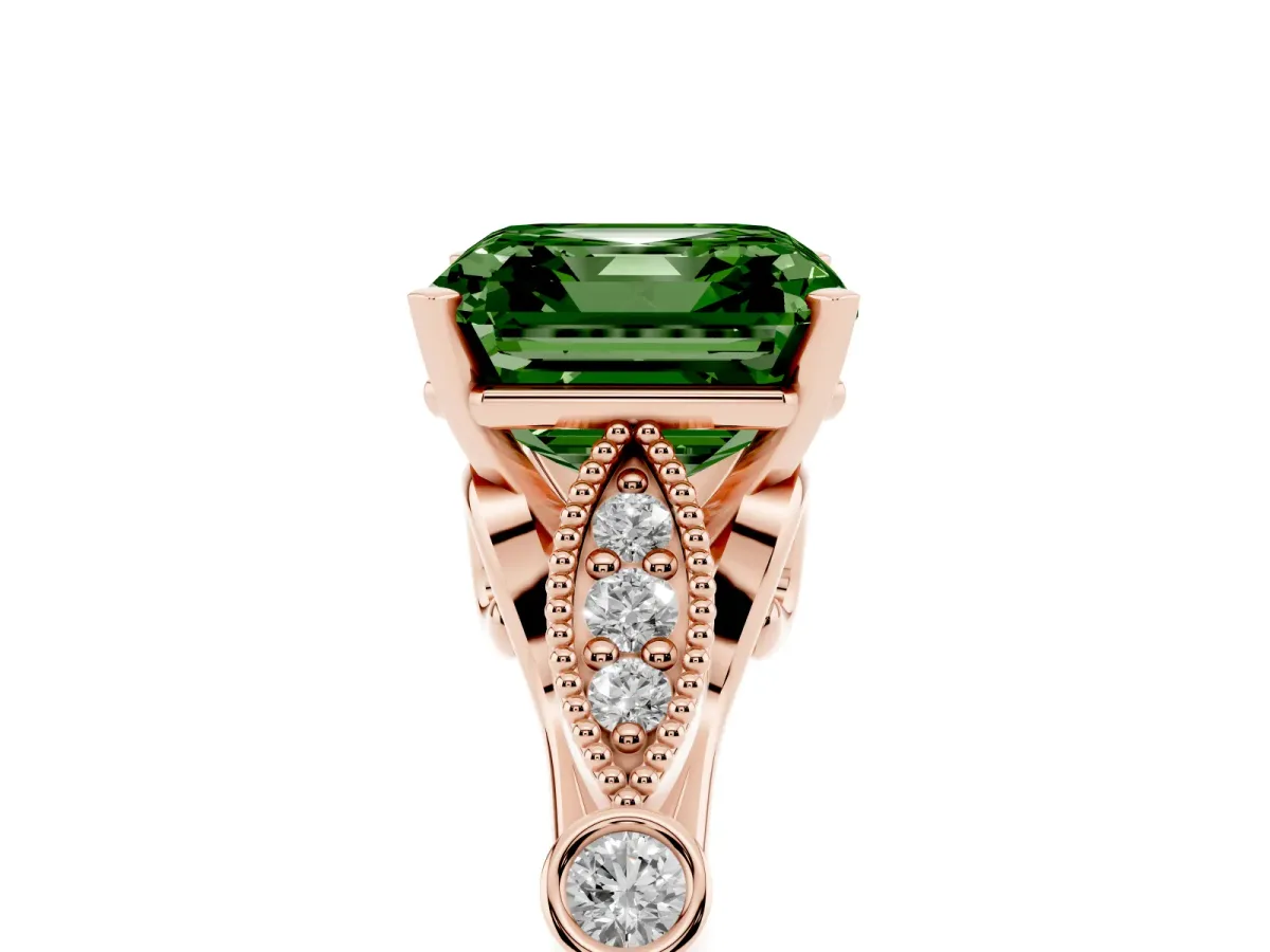 Fancy Green Asscher Cut Cut Diamond with Milgrain Marquise and Bezel Accents on a Solitaire Band with Prong Setting Rose gold