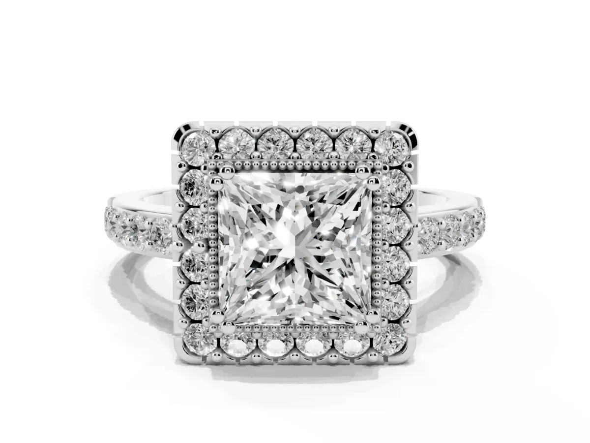 Princess Cut Diamond Halo Ring with Pavé Band and Prong Setting Silver