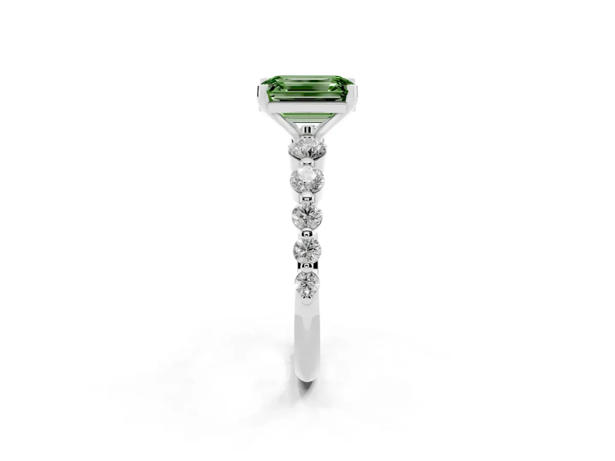Fancy Green Emerald Cut Solitaire Diamond Ring with Pave Band and Four-Prong Setting Silver