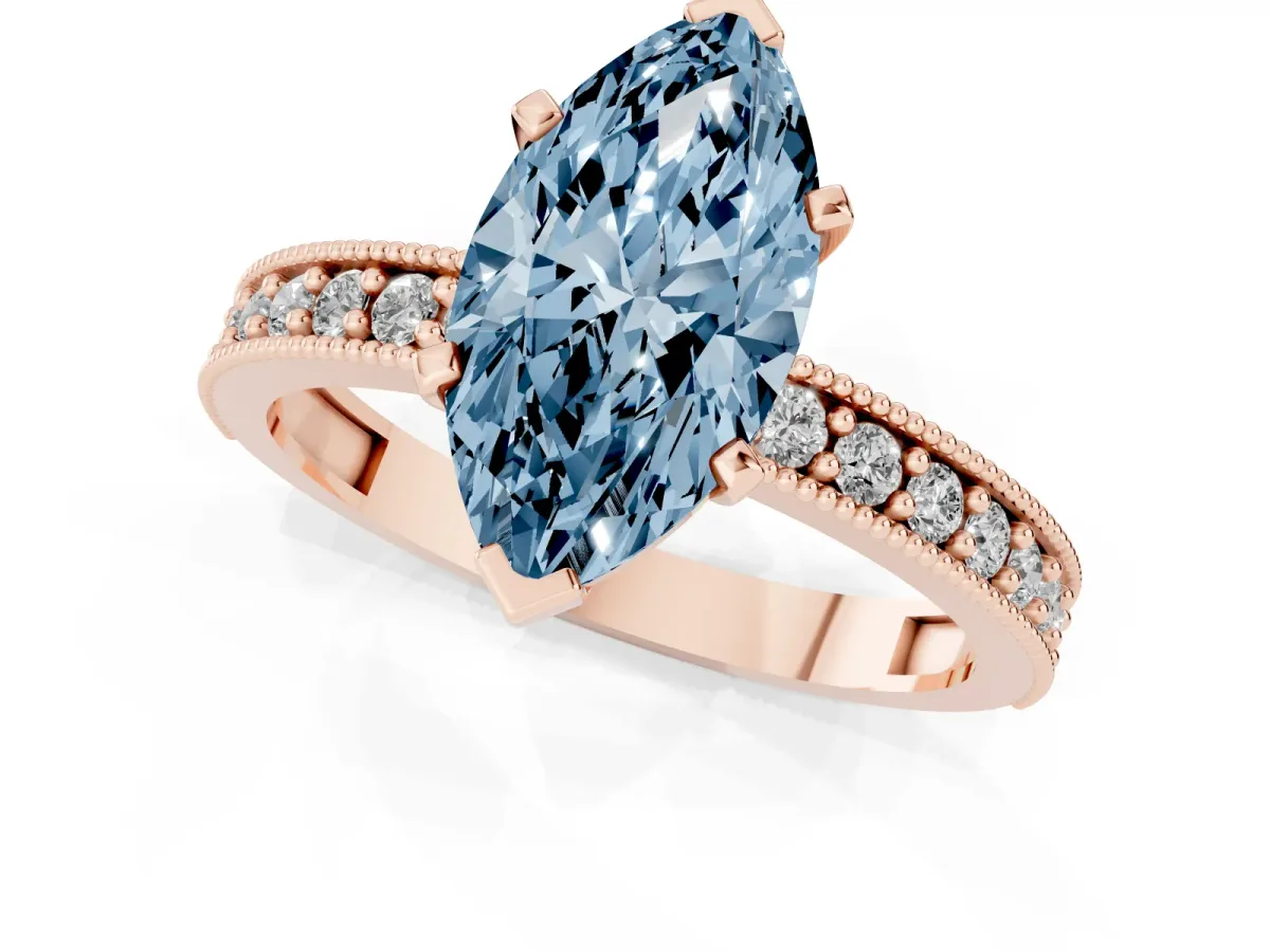 Fancy Blue Marquise Cut Diamond Milgrain Pavé Engagement Ring with Four-Prong Setting Rose gold