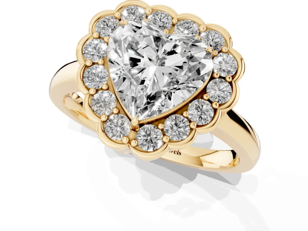 Heart Cut Halo Cluster Diamond Engagement Ring with Solitaire Band and Prong Setting Yellow gold