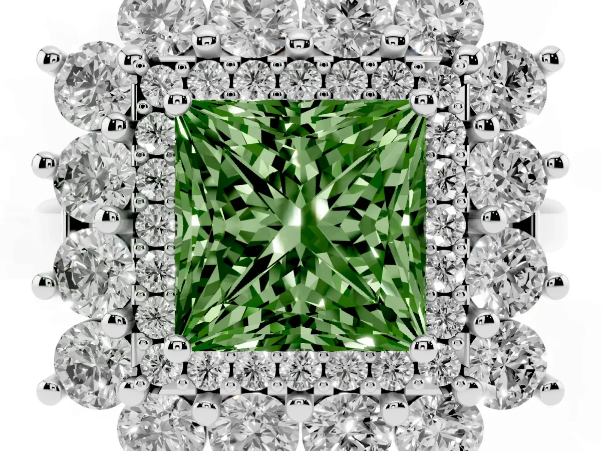Fancy Green Princess Cut Diamond Floral Double Halo Engagement Ring with Prong Setting White gold