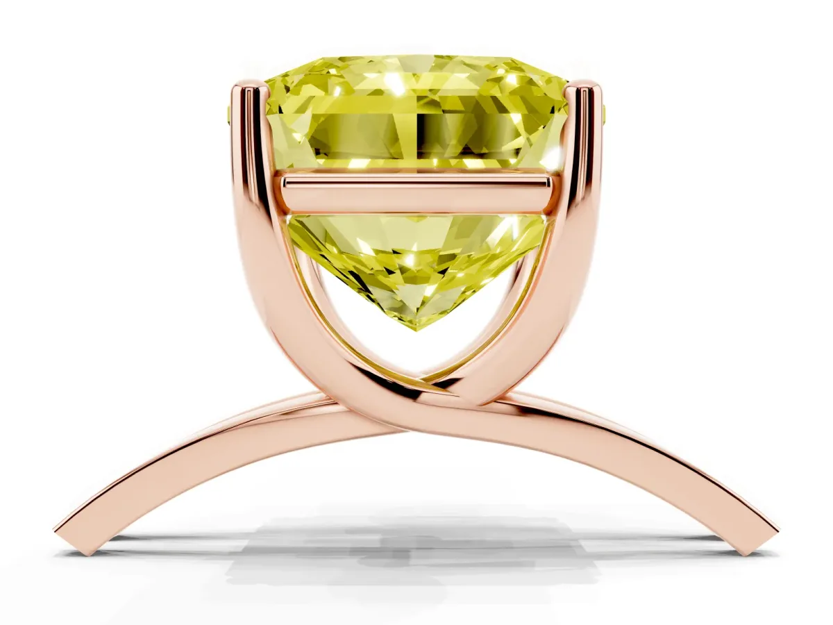 Fancy Yellow Radiant Cut Cut Diamond Solitaire Engagement Ring with Tapered Plain Band and Four-Prong Setting Rose gold