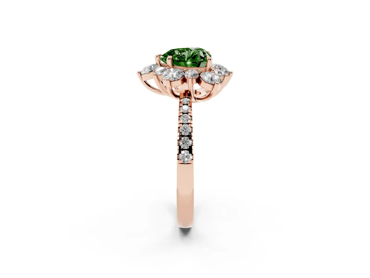 Fancy Green Heart Cut Diamond Floral Halo Ring with Round Pavé Band and Prong Setting Rose gold