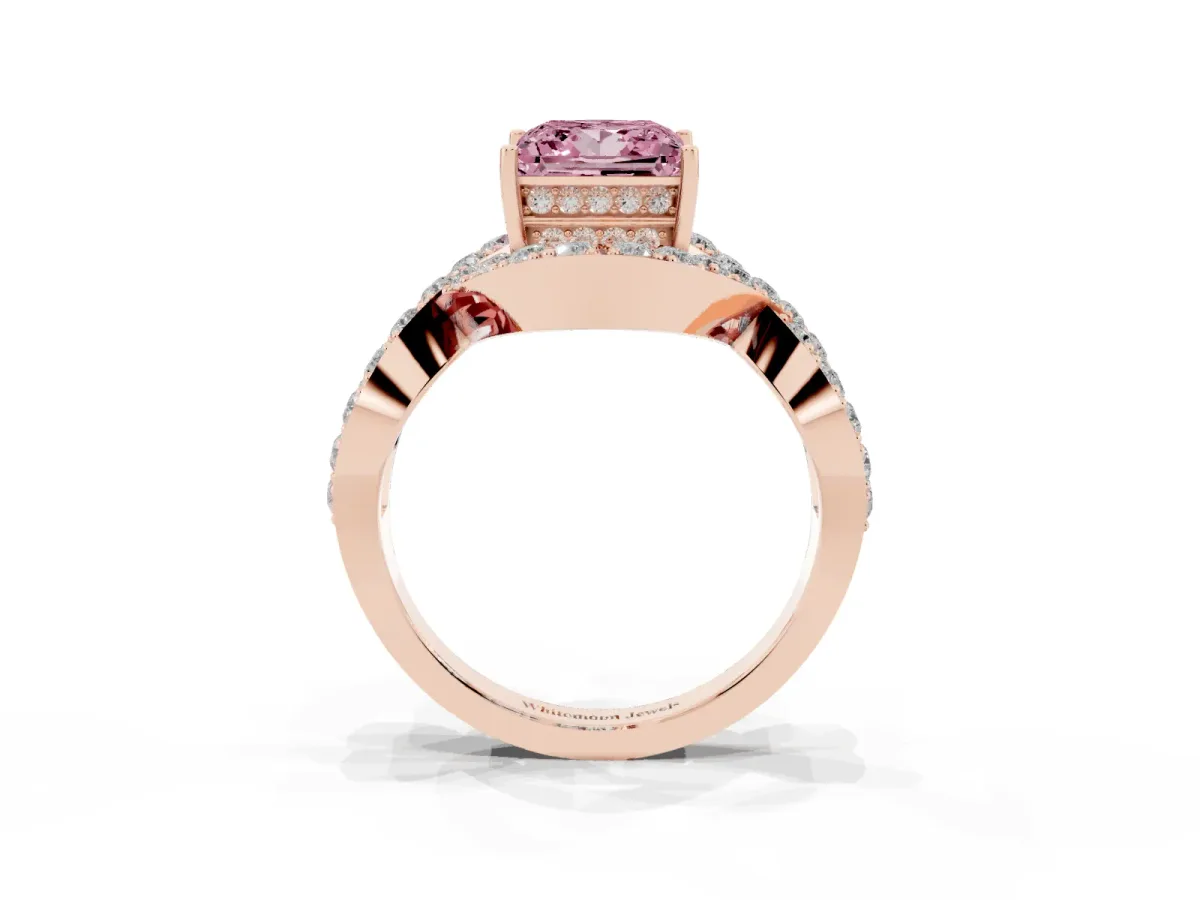 Fancy Pink Princess Cut Solitaire Twist Band Pavé Diamond Engagement Ring Rose gold