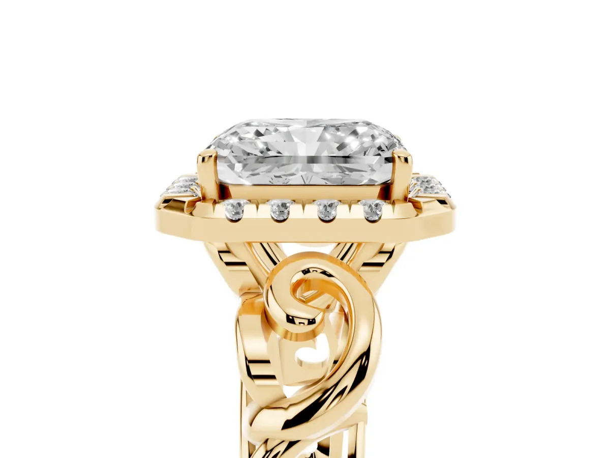 Radiant Cut Cut Halo Diamond Ring with Scrollwork Band and Four-Prong Setting Yellow gold