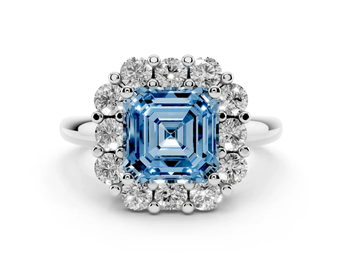 Fancy Blue Asscher Cut Halo Cluster Diamond Engagement Ring with Prong Setting and Polished Band Silver