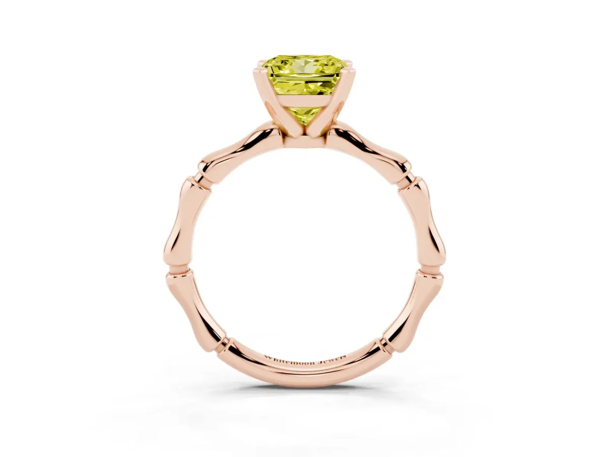 Fancy Yellow Princess Cut Solitaire Diamond Ring with Bamboo Band and Four-Prong Setting Rose gold
