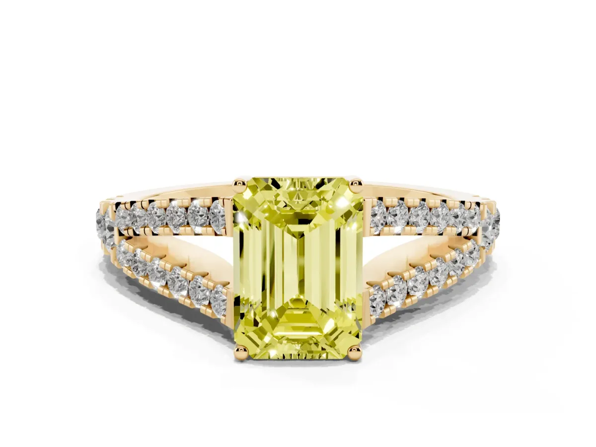 Fancy Yellow Emerald Cut Diamond Split Shank Pavé Engagement Ring with Four-Prong Setting Yellow gold