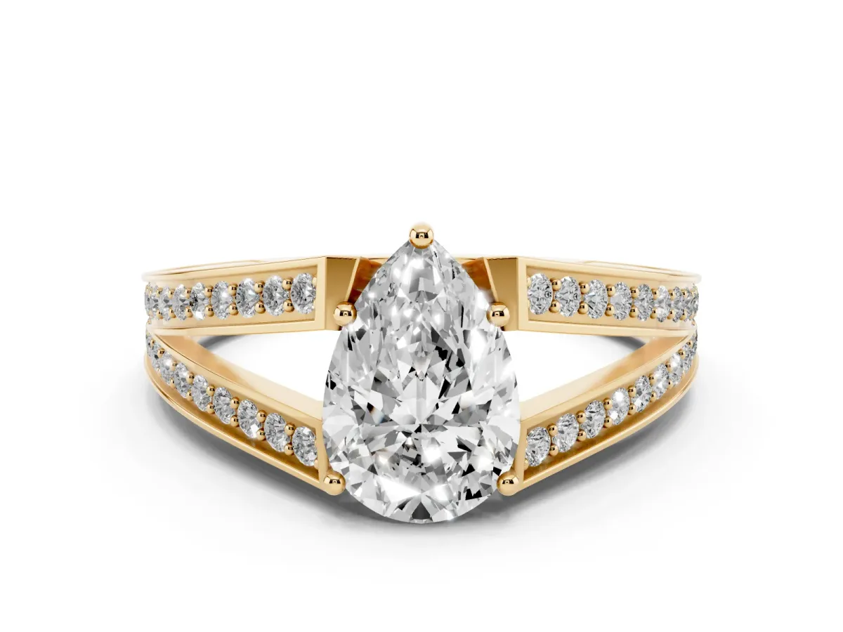 Pear Cut Diamond Split Shank Ring with Pavé Band and Four-Prong Setting Yellow gold