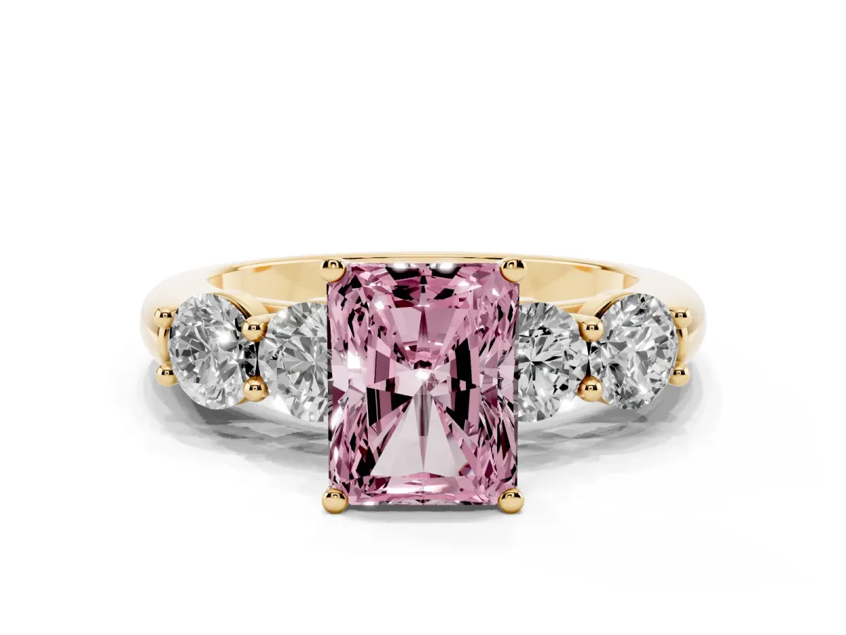 Fancy Pink Radiant Cut Cut Five-Stone Prong Set Diamond Ring with Classic Band Yellow gold