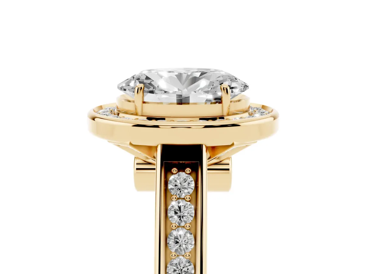 Oval Cut Halo Solitaire Diamond Ring with Pave Band and Bezel Setting Yellow gold