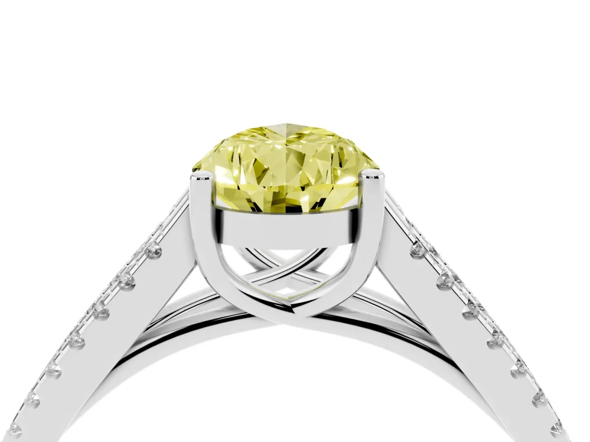Fancy Yellow Pear Cut Diamond Solitaire Engagement Ring with Split Shank Pavé Band Platinum