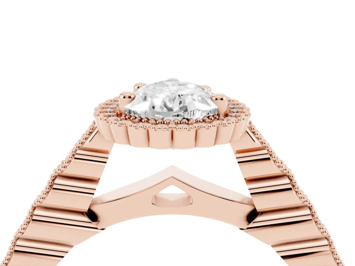 Pear Cut Cut Halo Pavé Solitaire Ring with Milgrain Band Rose gold