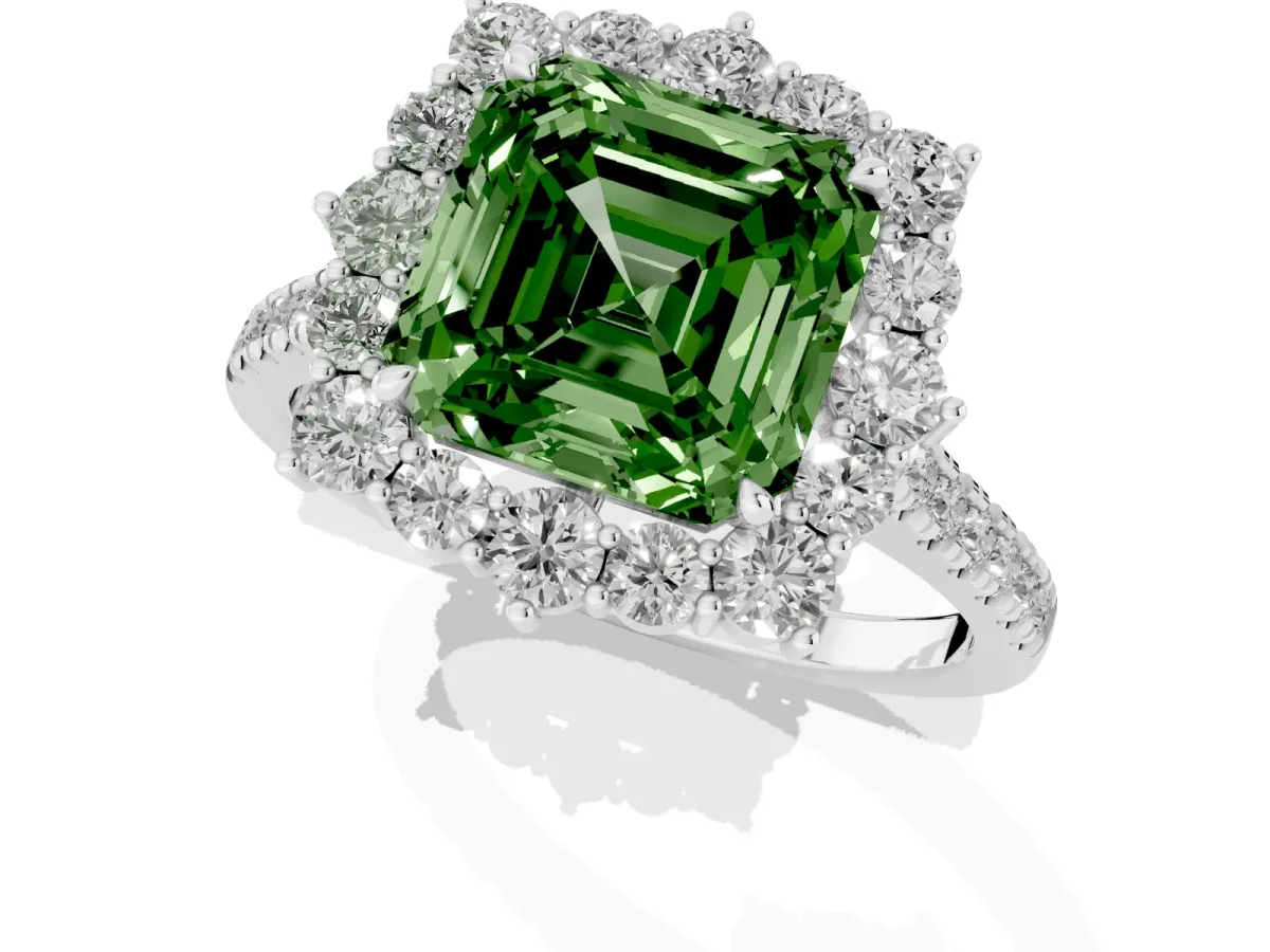 Fancy Green Asscher Cut Halo Diamond Ring with Pavé Band and Prong Setting Silver
