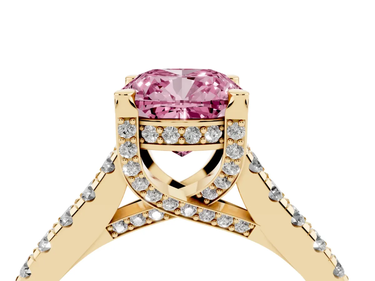 Fancy Pink Cushion Cut Brilliant Diamond Solitaire with Pavé Band and Four-Prong Setting Yellow gold