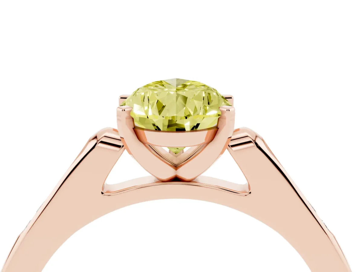 Fancy Yellow Pear Cut Diamond Solitaire Ring with Channel Set Round Band and Prong Setting Rose gold