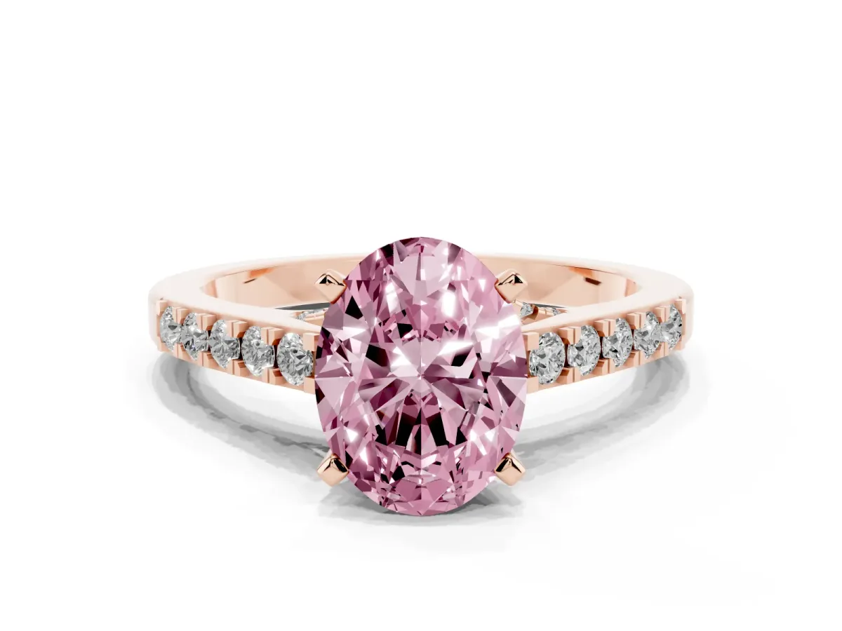Fancy Pink Oval Cut Diamond Solitaire Ring with Crossover Gallery and Round Pavé Band Rose gold